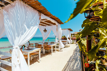 Paradise restaurant on tropical seashore. Zakhyntos, Greece. 