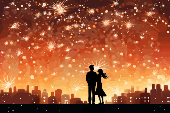 a man and a woman are standing in front of fireworks