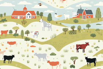 a farm scene with cows and a barn