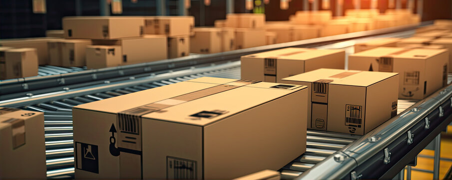 Assembly boxes  products on industry belt. Factrory cardboard theme