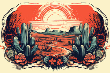 a drawing of a desert landscape with cactus and flowers