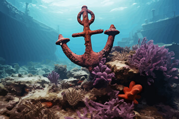 an anchor on the bottom of a coral reef - obrazy, fototapety, plakaty