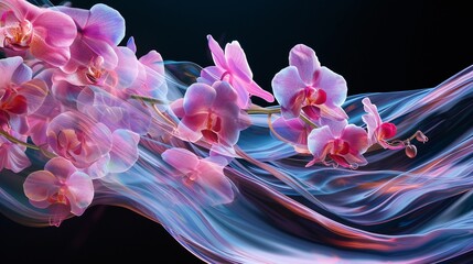 the aerial ballet of orchids falling like rainfall from a waterfall, creating a dreamlike and artistic display.