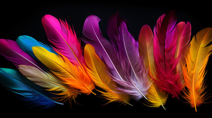 A bunch of colorful feathers that are on a black background.