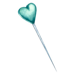 Sewing pin, green, heart-shaped. Hand drawn watercolor illustration isolated on white background. Suitable for handmade logos, postcards for creative people, packaging of sewn things, needlework.