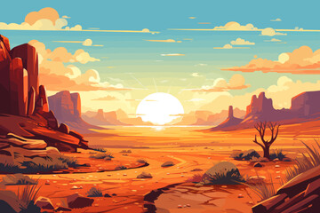 a painting of a desert landscape with a sunset