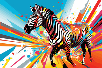 a zebra is running on a colorful background