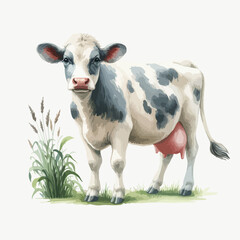 Watercolor illustration cow on green grass.