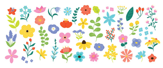 Collection of spring colorful flower elements vector. Set floral of wildflower, leaf branch, foliage on white background. Hand drawn blossom illustration for decor, easter, thanksgiving, clipart. - 736932754