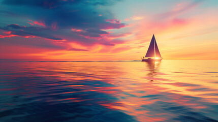 Breathtaking Ocean Sunset with Vibrant Colors of Orange and Pink Sky. Serene Seascape with Sailing Yacht Silhouette Against the Picturesque Backdrop of the Setting Sun
