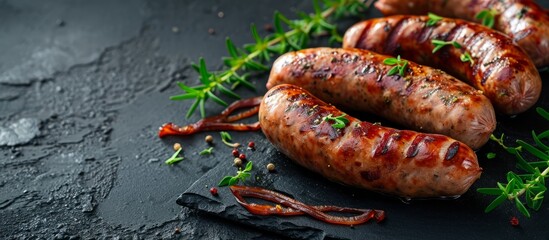 A variety of grilled sausages with herbs, including Italian sausage, Mettwurst, Cervelat, Knackwurst, Diot, Thuringian sausage, and Chorizo, displayed on a black surface