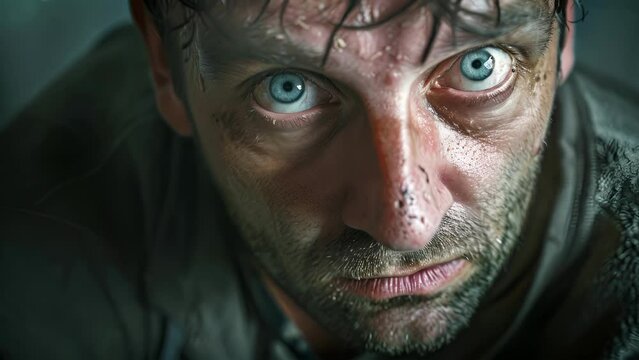 A man with a disheveled appearance and hollow eyes struggling to overcome the intense cravings during his amphetamine withdrawal, Close-Up of a male With Blue Eyes
