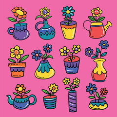 Hand drawn set of flowers and branches in a vase doodle