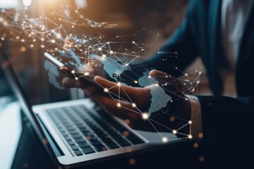 Digital marketing, global business, e-commerce concept. Businessman using mobile phone and laptop computer with global internet network connection technology, social media marketing, IoT