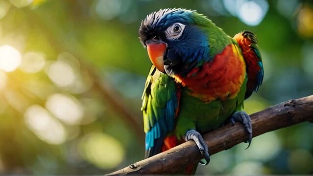 A parrot sits on a large branch in the forest in the morning. AI generative
