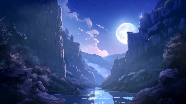 A tranquil canyon bathed in the warm glow of moonlight. Fantasy landscape anime or cartoon style, seamless looping 4k time-lapse virtual video animation background