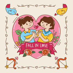 Illustration of cute couple on Valentines Day celebration doodle