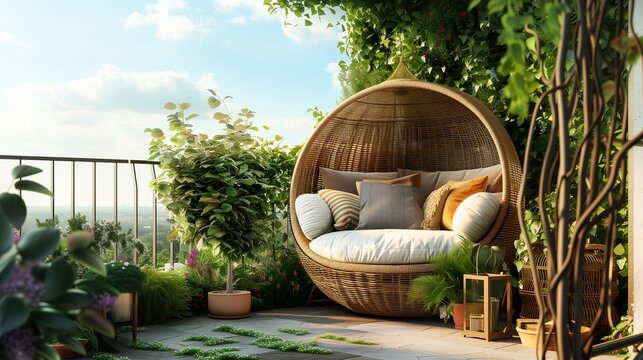 Balcony garden with lush greenery and blooming flowers. A cozy, round wicker chair, white cushions. Modern outdoor terrace interior.