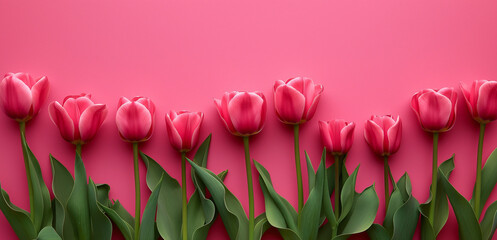  Spring tulip flowers on pink background top view in flat lay style. Greeting for Womens or Mothers...