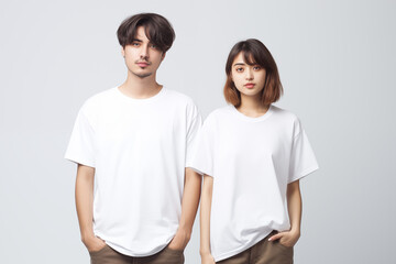 Young asian couple in blank white t-shirt mockup