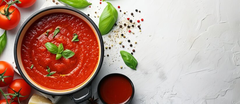 Italian marinara sauce for pasta in a pot, on a white table (top view).