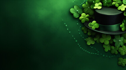 St. Patrick's Day background with green clover leaves, top hat and space for text