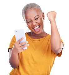 Excited with smartphone, black woman winning and fist pump for celebration isolated on png...