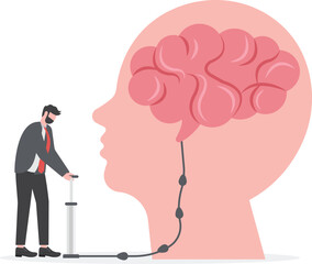 A businessman is pumping balloon brain sign on big head human vector Vector illustration flat design


