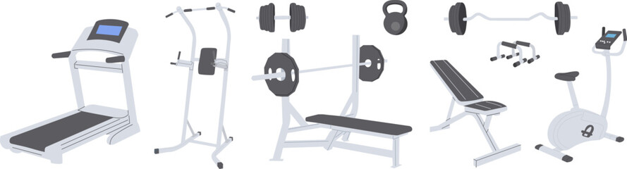 set of exercise equipment for the gym in flat style vector - obrazy, fototapety, plakaty