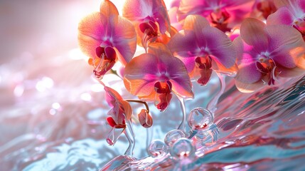 the harmony of orchid cascades, captured from above as they gracefully fall from a waterfall into a river.