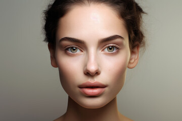 Fototapeta premium Close up portrait of a young beautiful woman with no filter on the light grey background