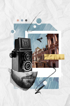 Vertical collage of black white colors cropped guy face vintage photo camera city buildings isolated on painted paper background
