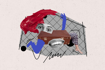 Collage illustration artwork of random body parts male mouth and eyes added to vintage leather...