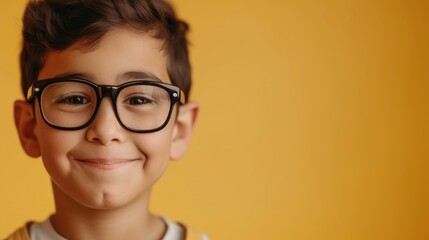 Young boy with glasses smiling against a yellow background.