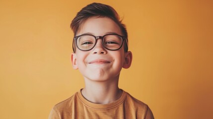 Smiling young boy with glasses wearing a yellow shirt against a warm orange background.