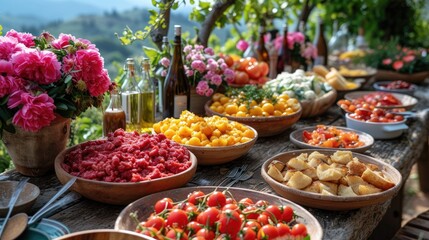 Fototapeta na wymiar Colorful Farm-to-Table Feast on Rustic Wooden Table