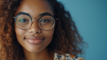 Fototapeta premium A young woman with curly hair and glasses smiling at the camera against a blue background.