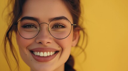 A young woman with glasses smiling at the camera with a warm inviting expression set against a vibrant yellow background.