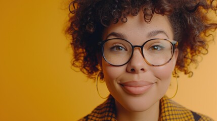 Obraz premium Young woman with curly hair wearing glasses and a yellow and black patterned top smiling against a warm orange background.