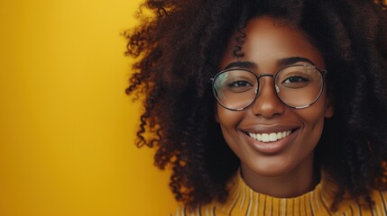 Smiling woman with curly hair and glasses wearing a yellow striped top against a yellow background.