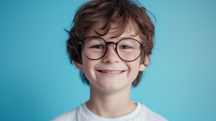 Young boy with glasses smiling against blue background.