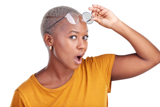 Shock, news and portrait of black woman with gossip, announcement or secret with glasses. Face, surprise and African person with wow, wtf or omg expression isolated by transparent png background.