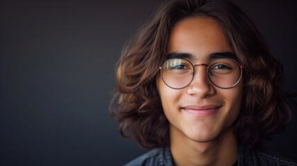 Obraz premium Young man with curly hair and glasses smiling at the camera.