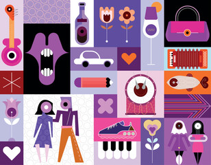 Pop art collage of many different objects, set of vector design elements. Each one of the design element created on a separate layer and can be used as a standalone image, icon or logo. - 736936756