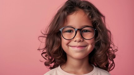 Fototapeta premium Young girl with curly hair and glasses smiling against a pink background.