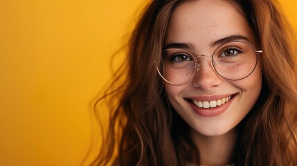 Young woman with freckles wearing round glasses smiling against a warm yellow background.