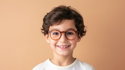 A young child with curly hair wearing glasses smiling at the camera against a soft-focus beige background.