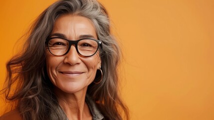 Woman with gray hair wearing glasses smiling against orange background.