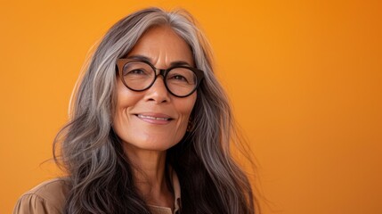 Woman with gray hair wearing glasses smiling against orange background.