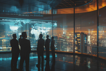 Silhouettes of businessmen standing in a meeting, a digital map in a room with a city view.